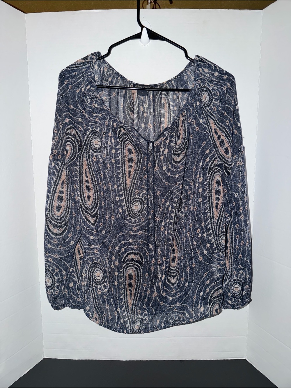 Lucky Brand Paisley V-Neck Blouse in Navy and Blush - Picture 1 of 12